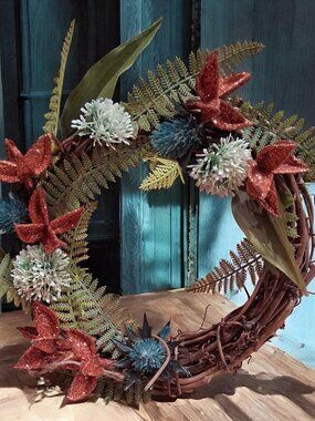 Handmade Home Wreath featuring Grapevine , Floral, Fern and Glitter Cotton Pods